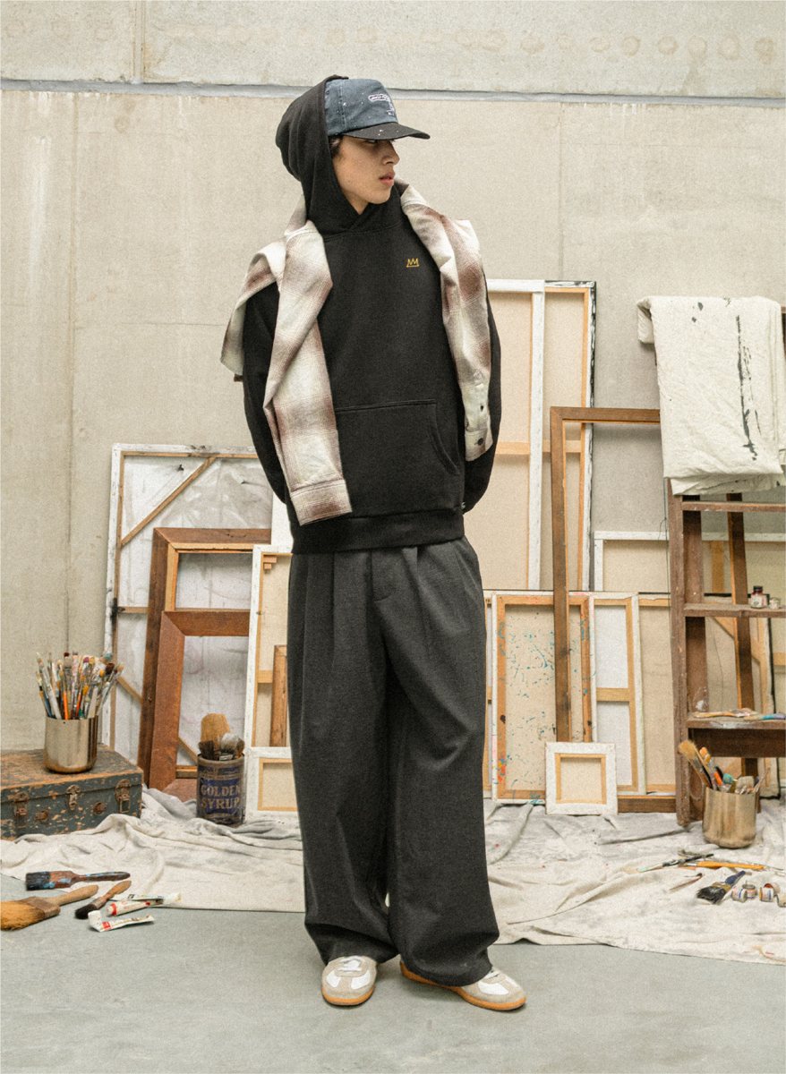 I Love Ugly x Jean-Michel Basquiat: Black crown-embroidered hoodie with the check overshirt tied at the shoulders