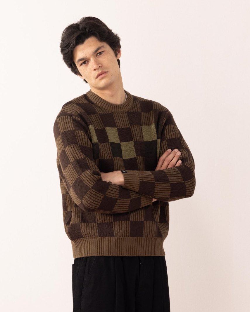 Brown and olive checkerboard knit crewneck sweater