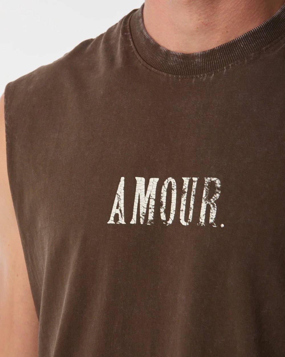 Close up of the cracked Amour print and ribbed neckline