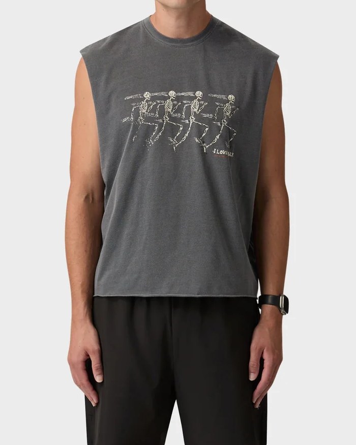 Washed charcoal cropped muscle tank with running skeletons graphic