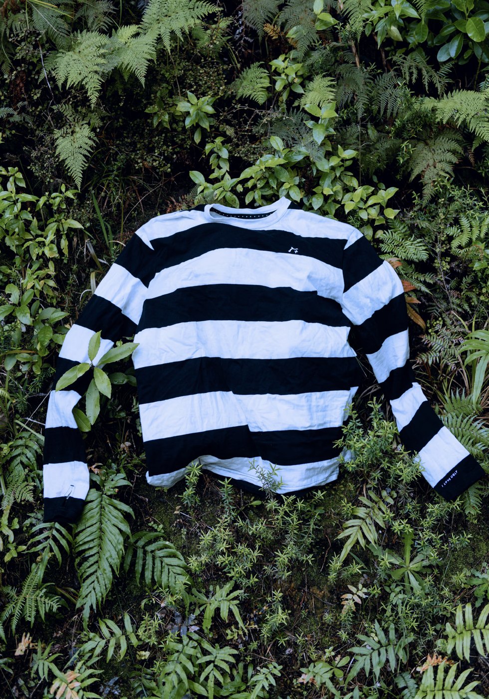 Black and white wide stripe long sleeve laid flat in ferns