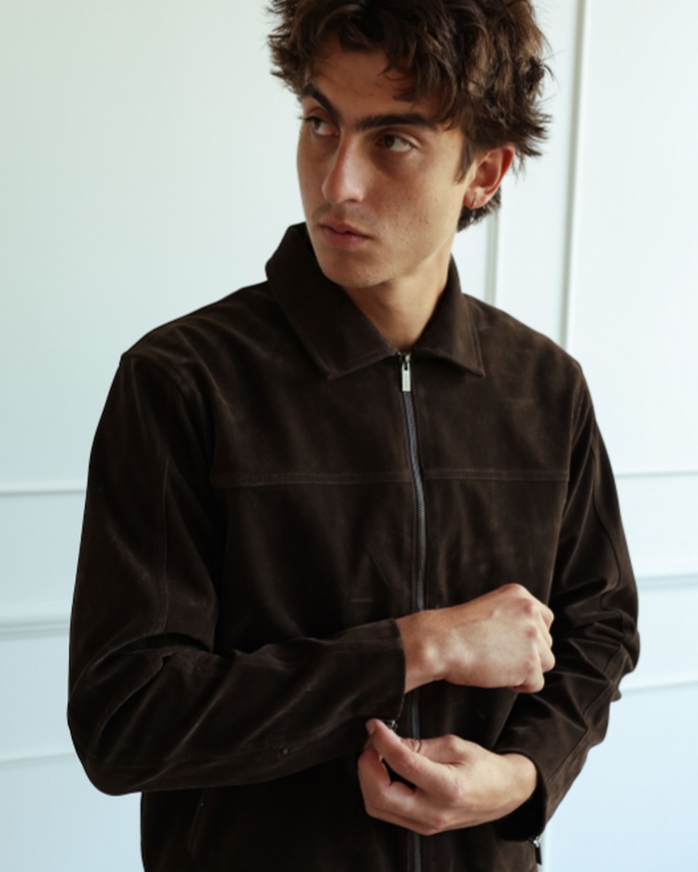 Brown suede zip jacket with point collar, front yoke and zip cuffs