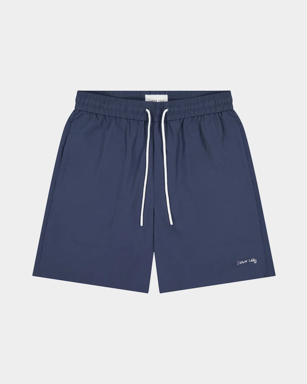 Navy nylon water short flat lay