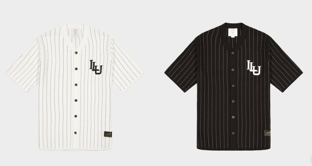 White and black pinstripe knit baseball shirts flat