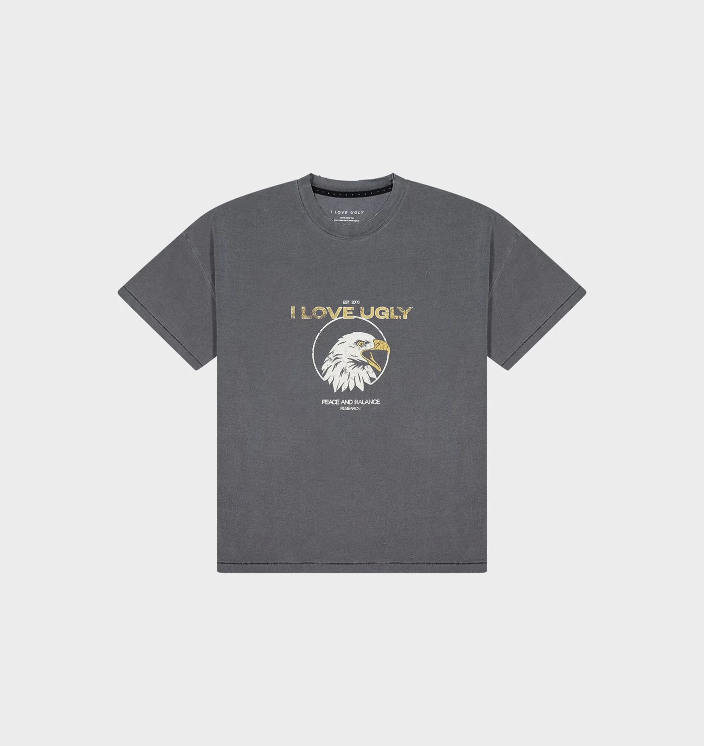 Washed charcoal tee with eagle crest and Peace and Balance Research graphic, flat lay