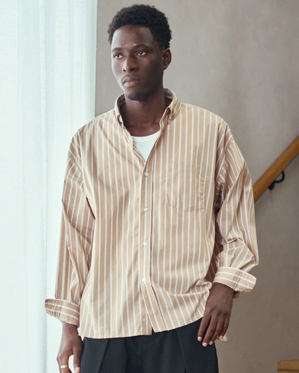 Tan and white stripe oversized button-down shirt with chest pocket