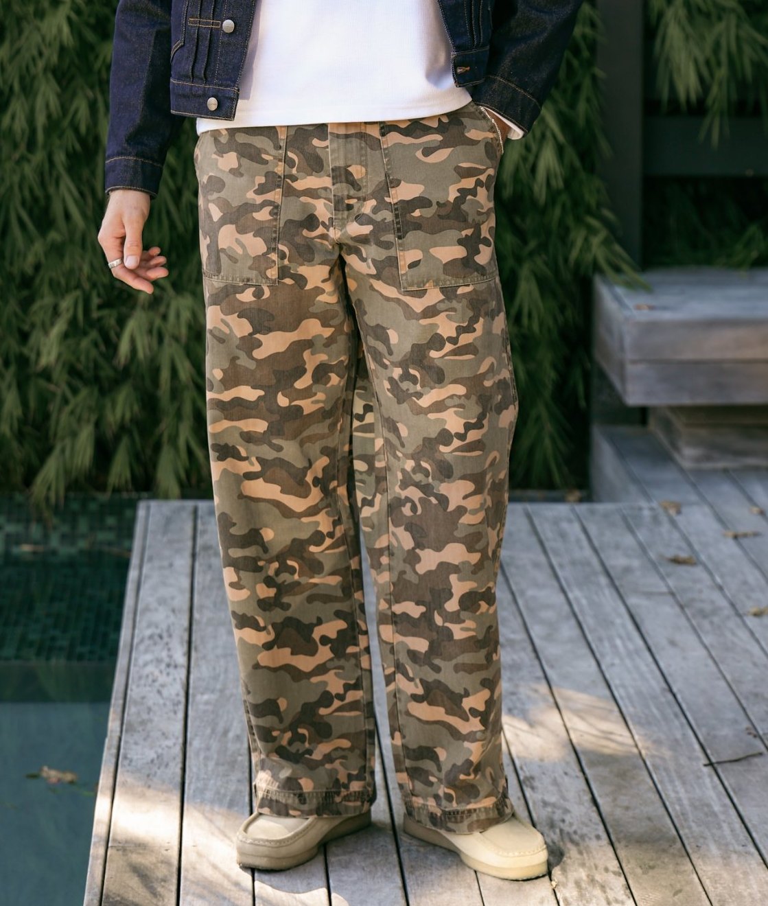 Camo-print herringbone Fatigue Pant worn with a raw denim jacket and grey beanie