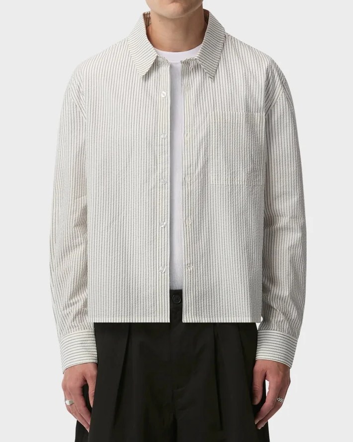 Cropped long sleeve pinstripe seersucker shirt worn open over a white tee