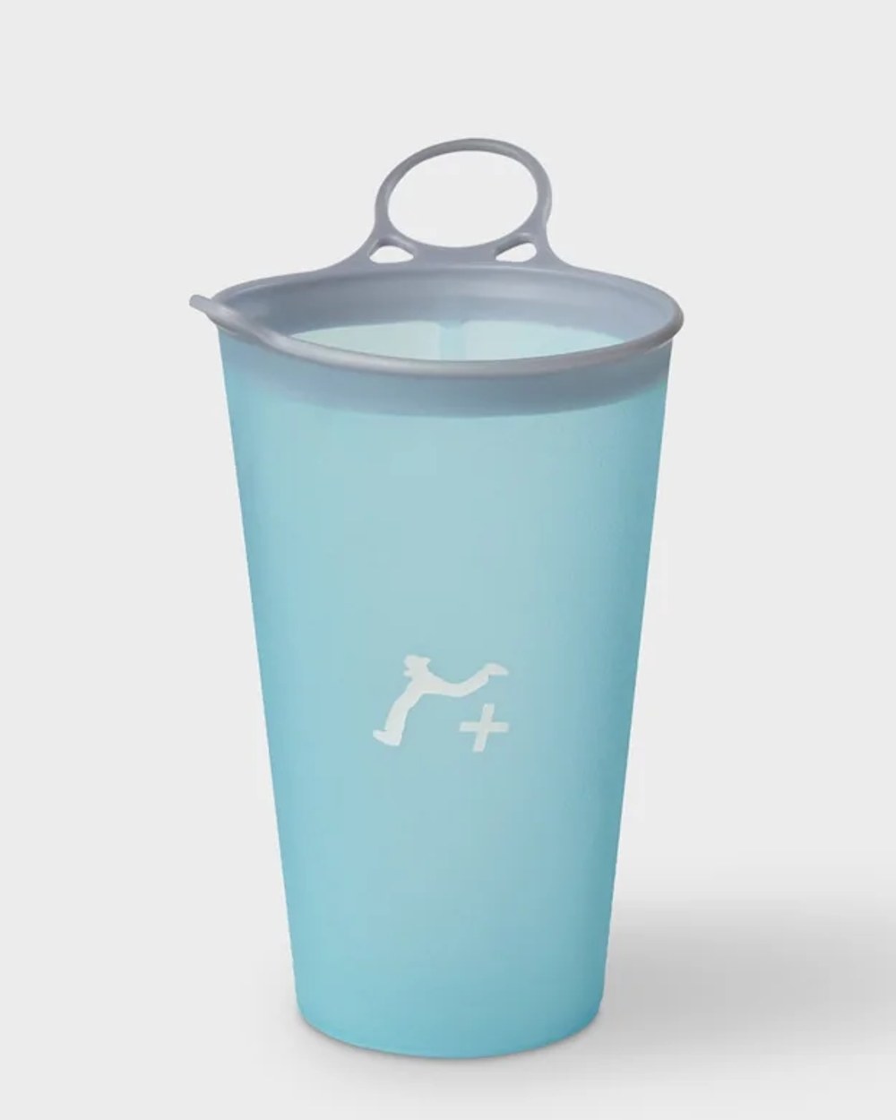 Aqua collapsible speed cup with grey rim and finger loop, front view