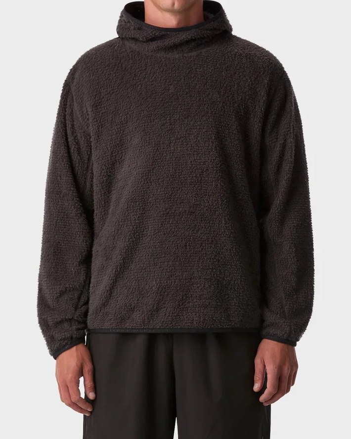 Charcoal high-pile gorilla fleece hooded pullover with black bound edges