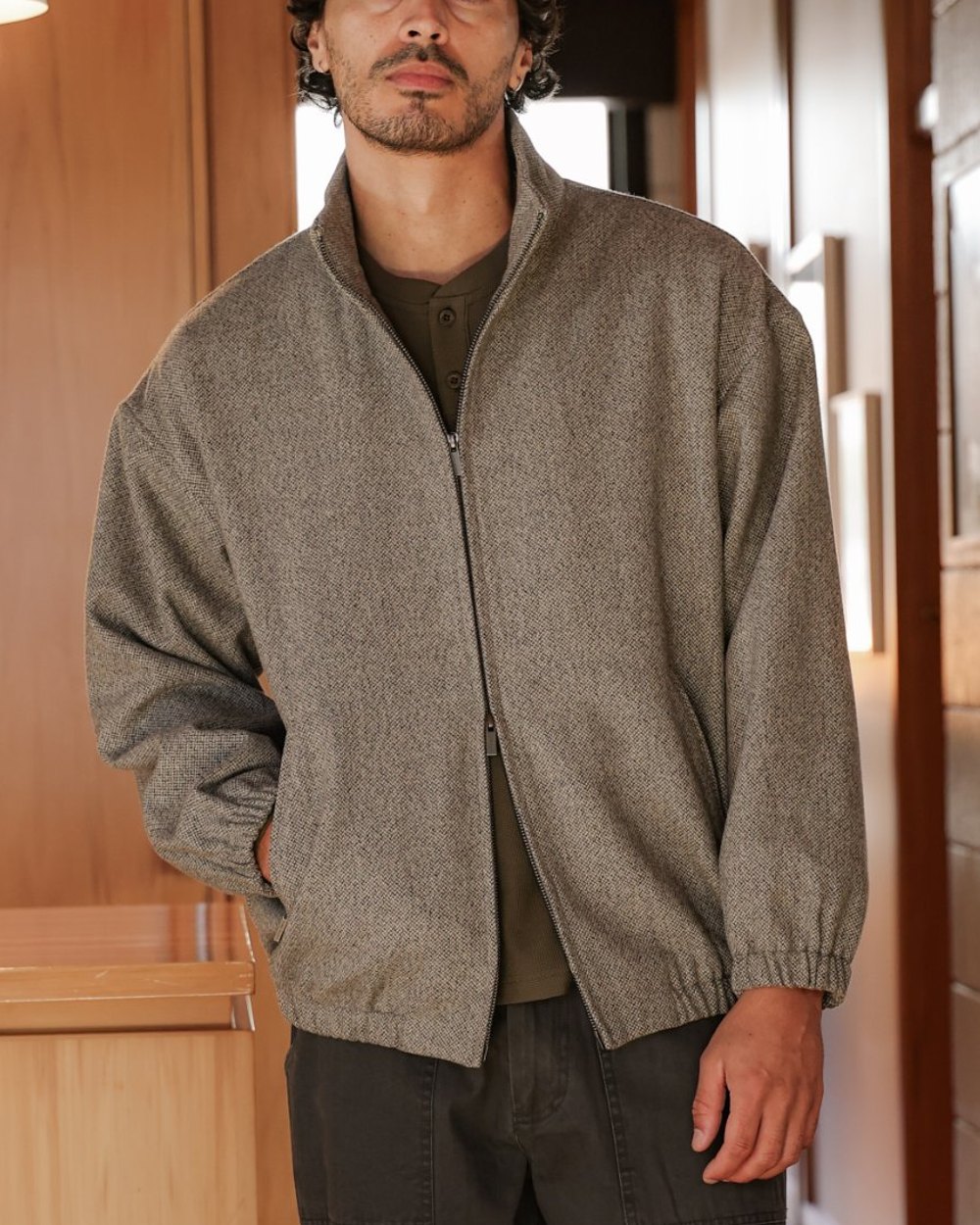 Grey herringbone wool blend zip bomber with funnel neck
