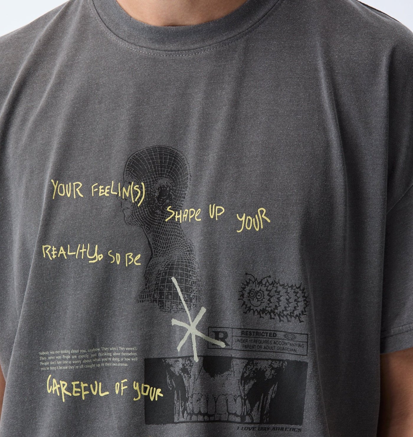 Washed charcoal tee with State of Mind collage graphic of a wireframe head, handwritten text and restricted label