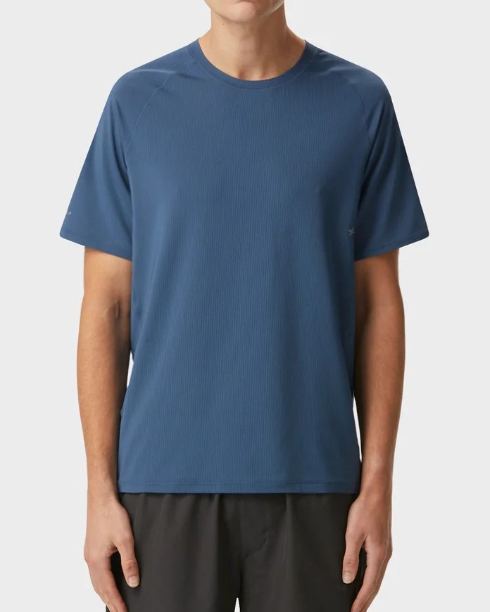 Slate blue raglan sleeve active tee in mesh performance jersey