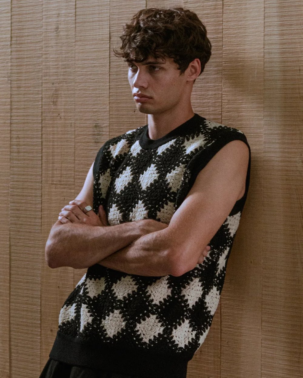 Black and ecru diamond crochet knit vest