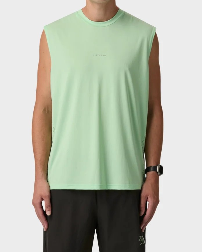 Mint green performance muscle tank with perforated side panels