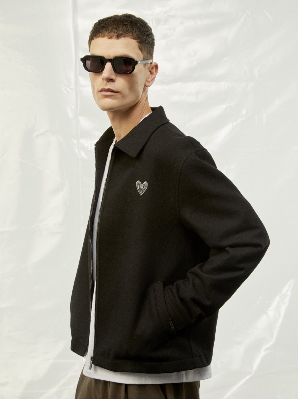 I Love Ugly x Keith Haring: Black wool zip jacket with embroidered Keith Haring heart