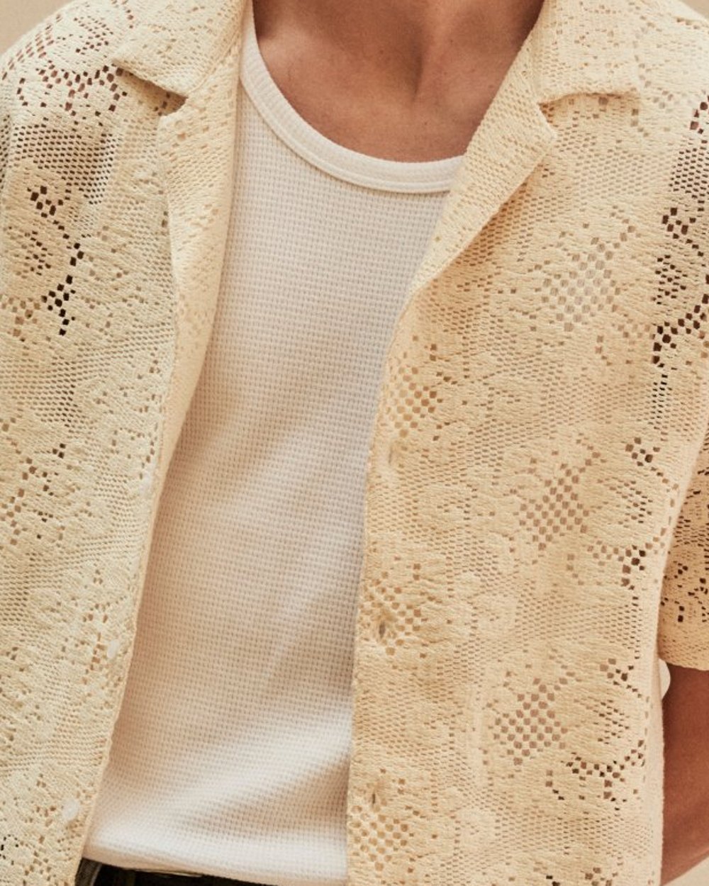 Close-up of the floral lace and camp collar