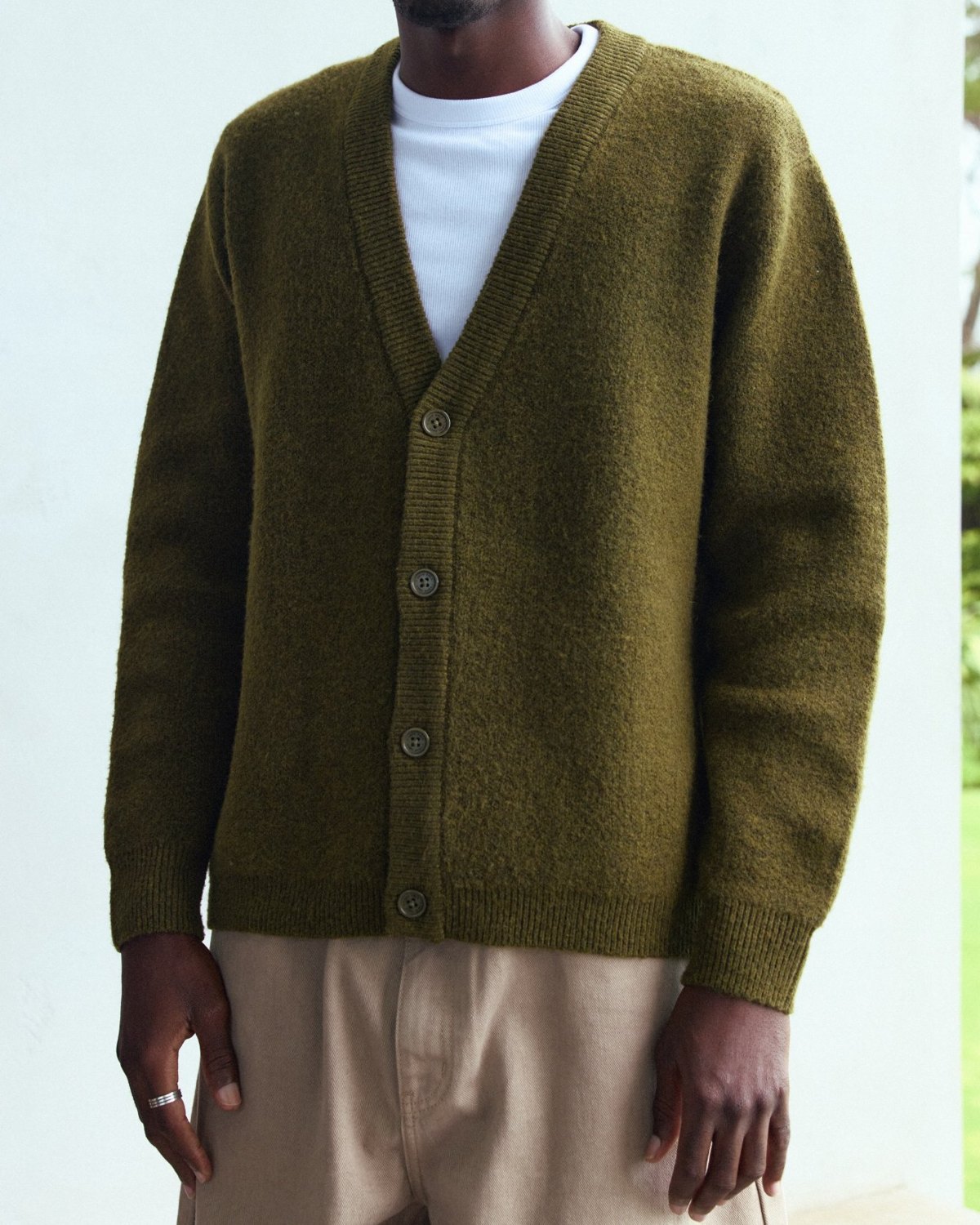 Olive brushed alpaca knit V-neck cardigan