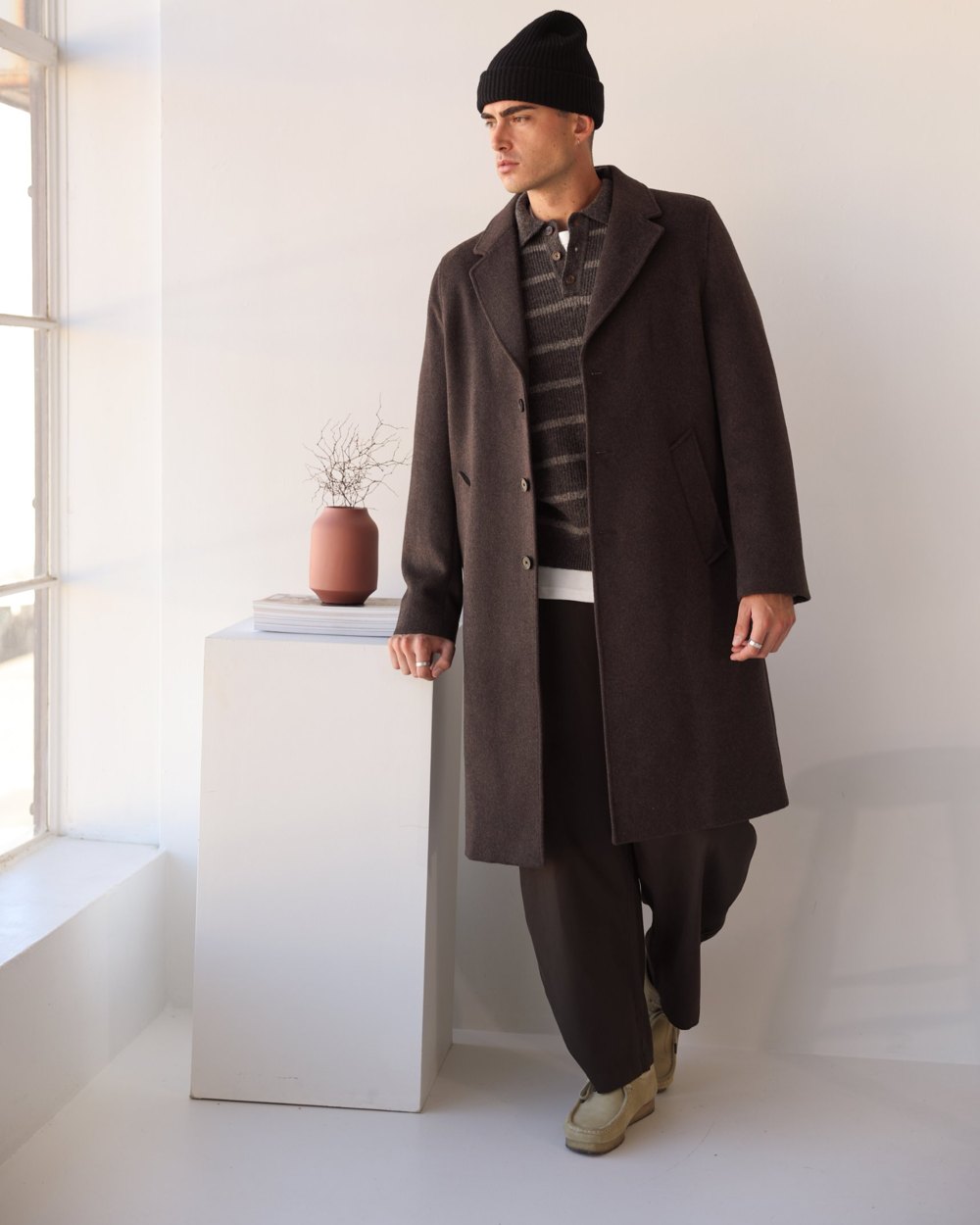 Chocolate brown single-breasted wool overcoat, full length