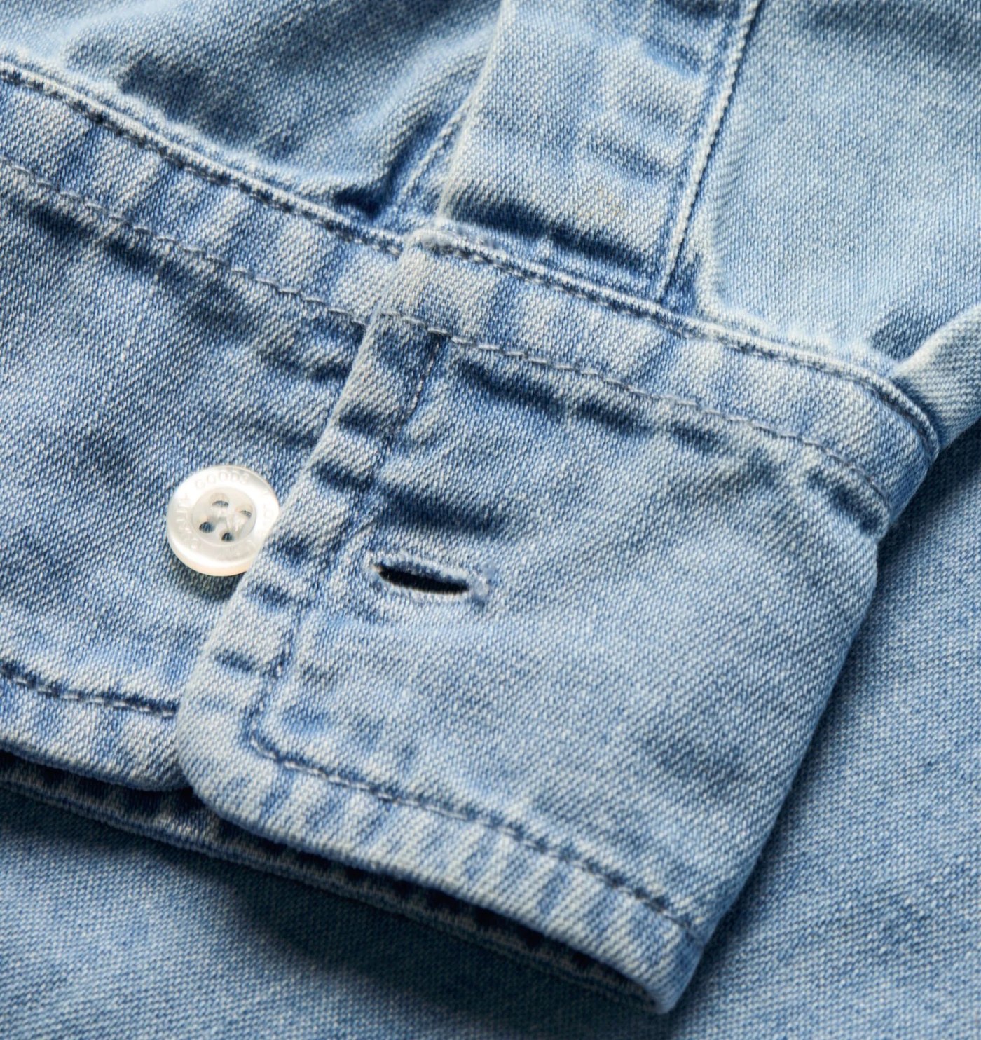 Close-up of the chambray cuff, contrast stitching and engraved button