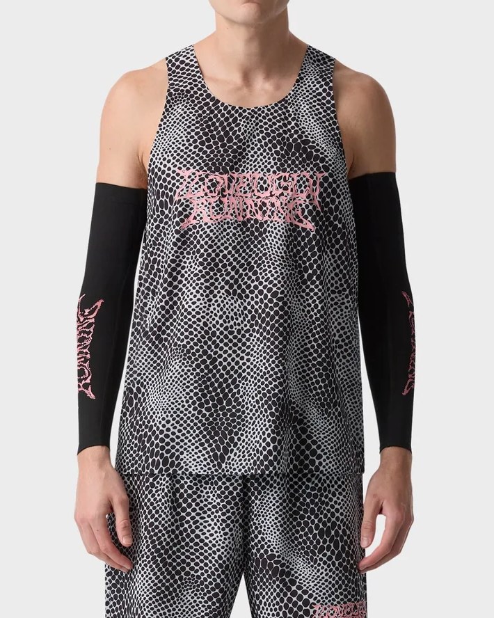 Black and white snakeskin print running singlet with pink liquified Love Ugly Running graphic