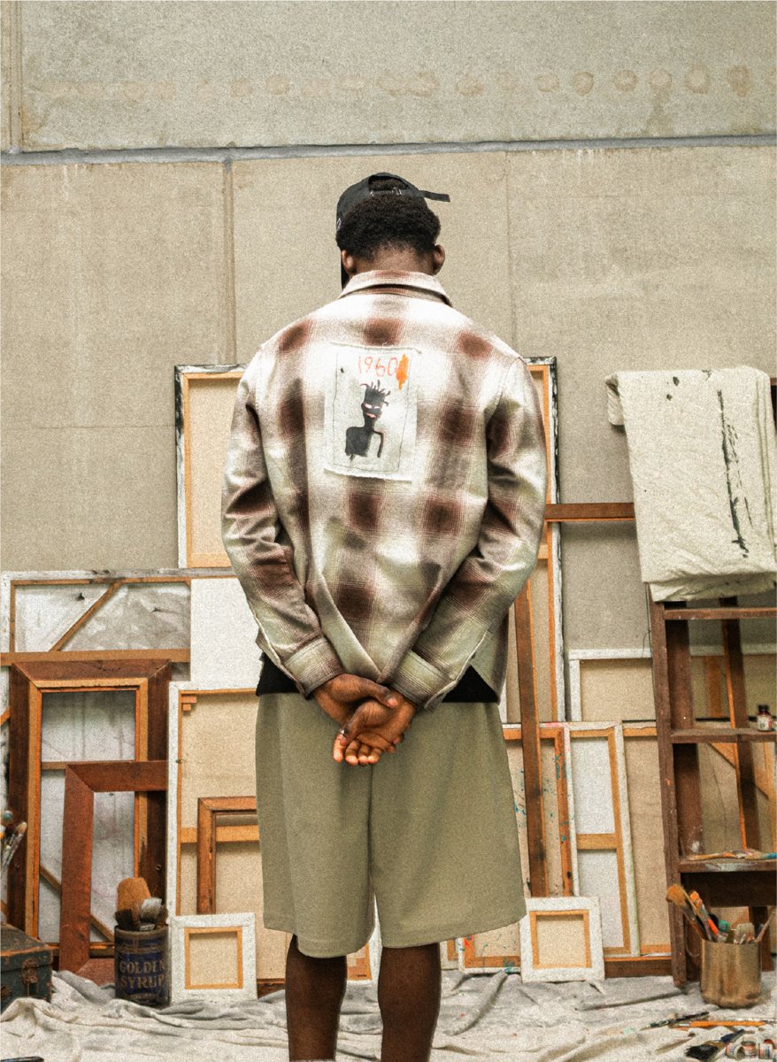 I Love Ugly x Jean-Michel Basquiat: Back of the ombré check overshirt with a Basquiat artwork patch