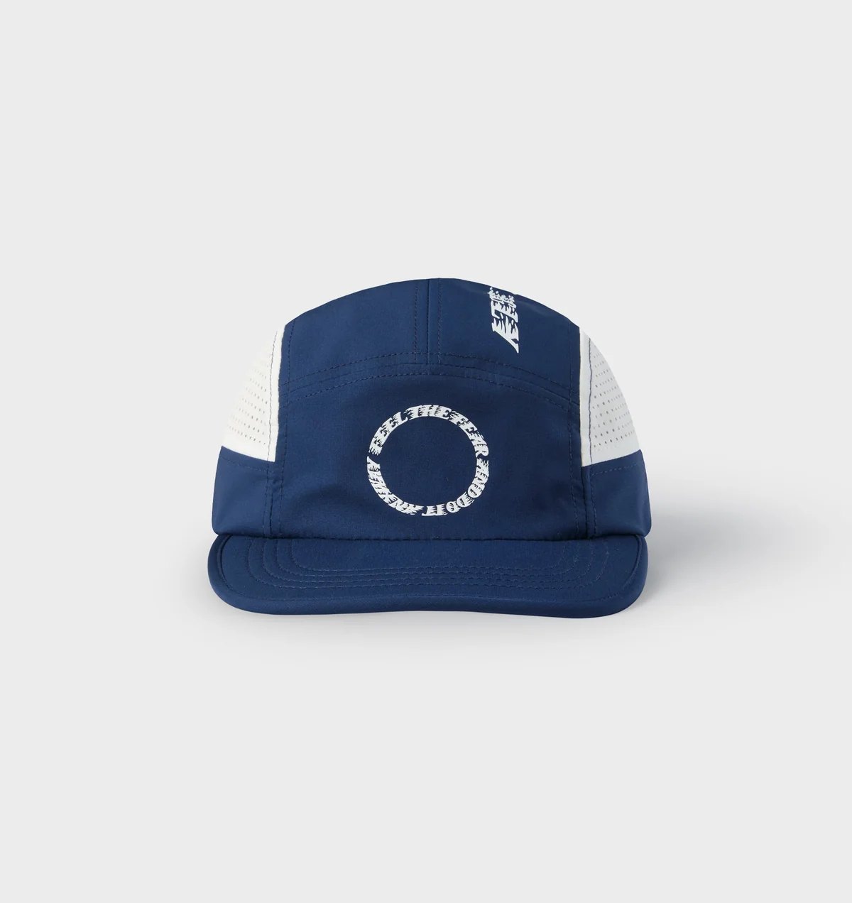 Navy five panel cap with white perforated side panels and circular slogan print, front view