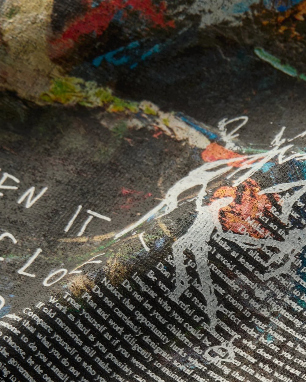 Close up of the painted portrait print and hand drawn text