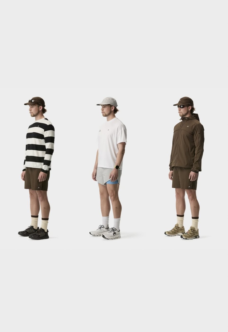 Three studio looks: stripe long sleeve, white tee with split shorts, and brown hooded jacket