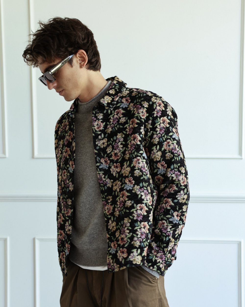 Black floral jacquard overshirt worn over a grey knit
