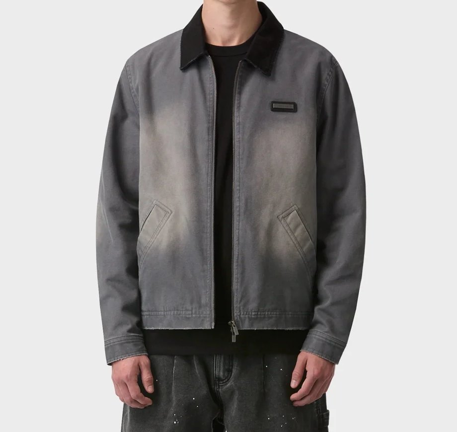 Washed grey canvas workwear jacket with black cord collar