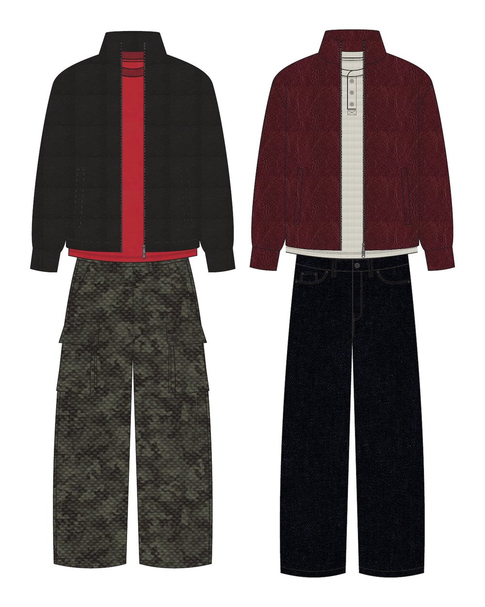 Two styled outfits in CAD: black leather jacket with camo cargo pants, and burgundy leather jacket with raw indigo jeans
