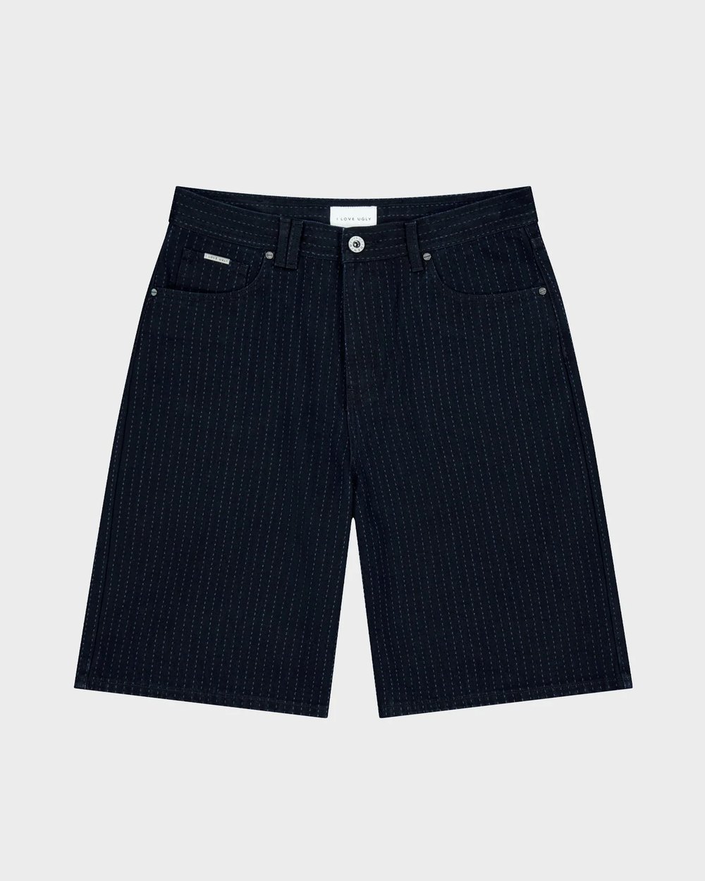 Indigo pinstripe denim short flat lay