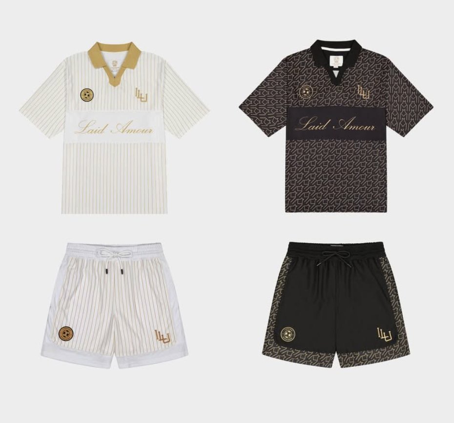Laid Amour football jerseys and shorts in white pinstripe and black monogram