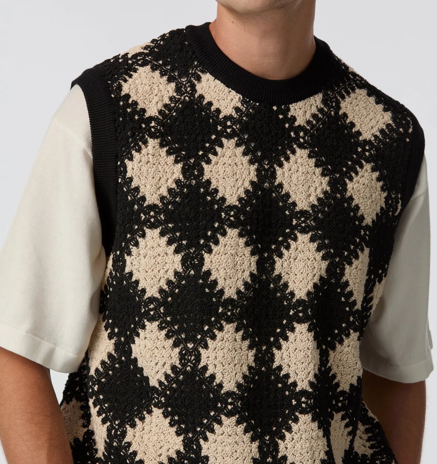 Close-up of the crochet diamond pattern and ribbed trims, layered over a white tee