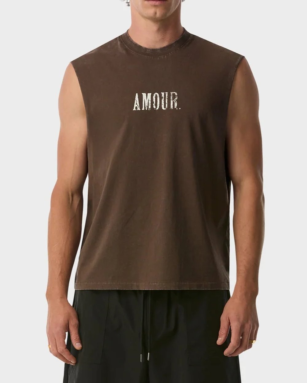 Washed brown crop tank with Amour print worn with black pants