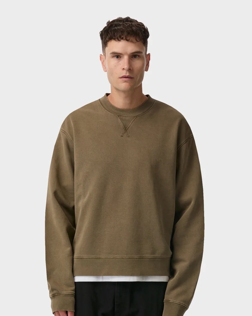 Washed olive cropped oversized crewneck sweatshirt with V-stitch at the neck