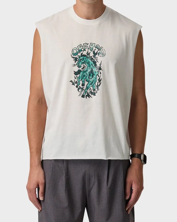 Off-white cropped muscle tank with teal hand-drawn Off Road horse graphic