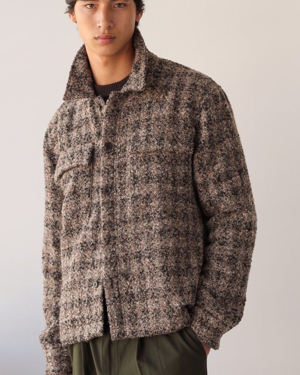 Brown and black bouclé check overshirt with flap chest pockets