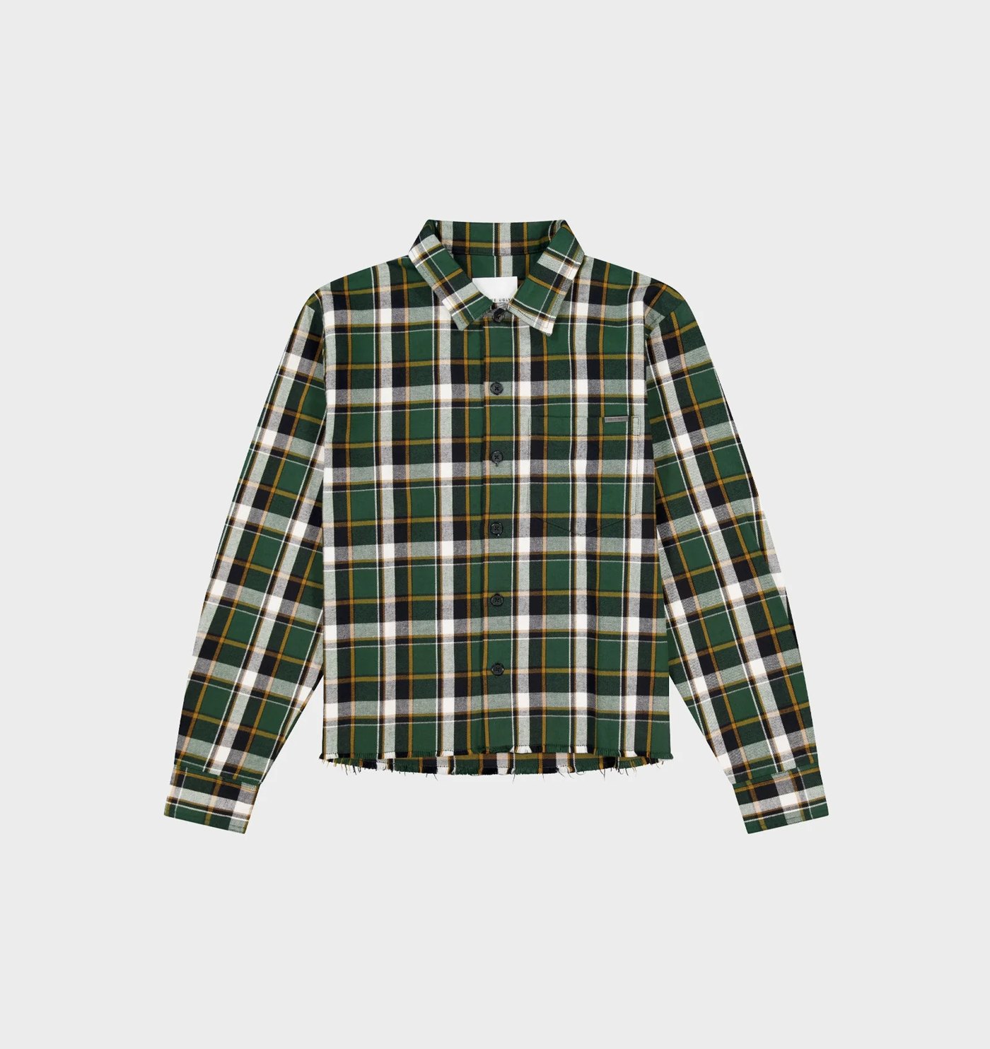 Green, black and cream check flannel shirt with raw hem, flat lay
