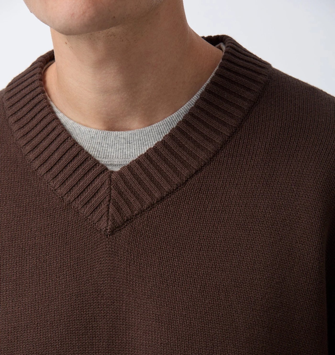 Close-up of the deep ribbed V neck and fine-gauge knit