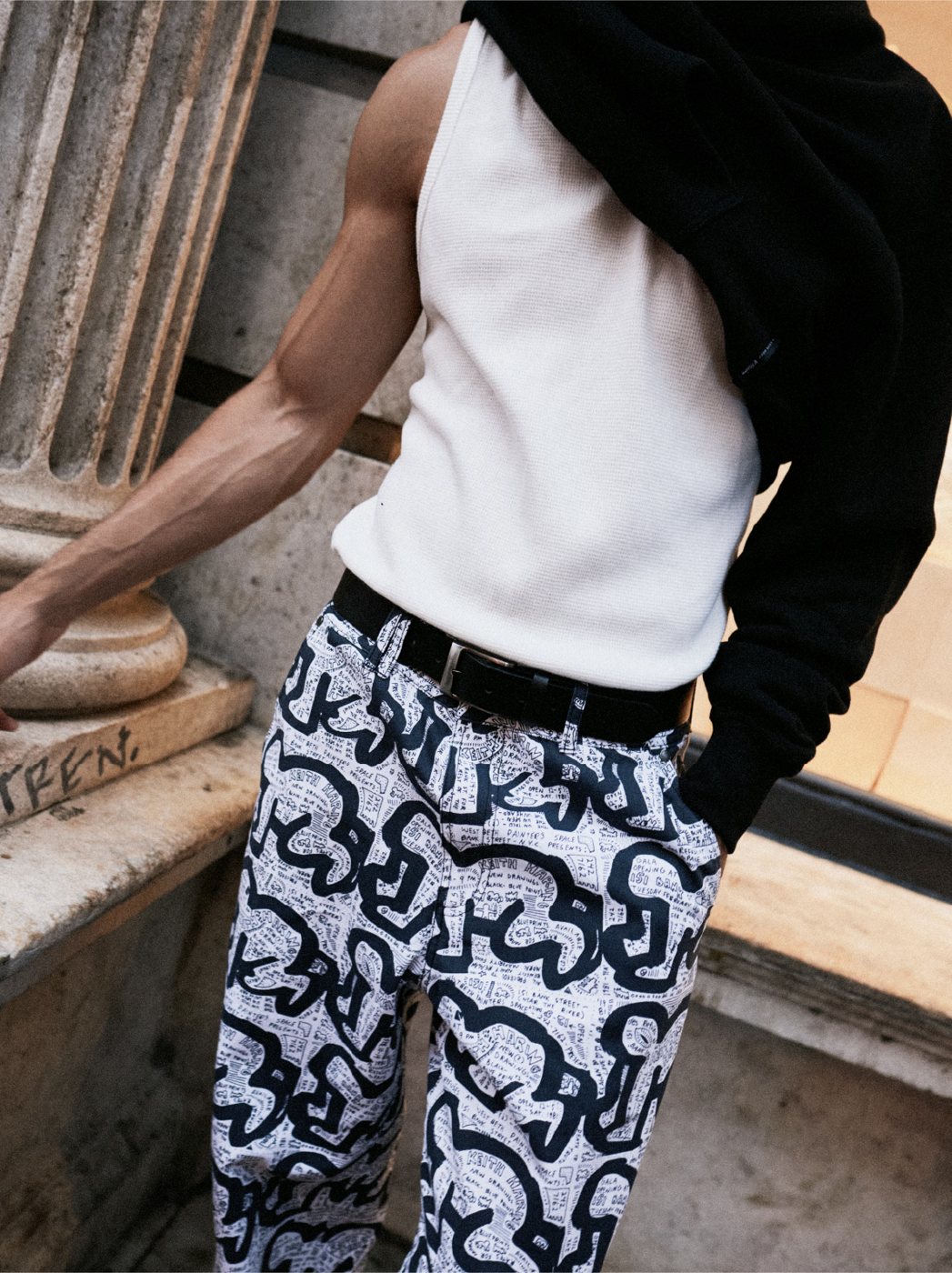 I Love Ugly x Keith Haring: Close-up of the Keith Haring print pants