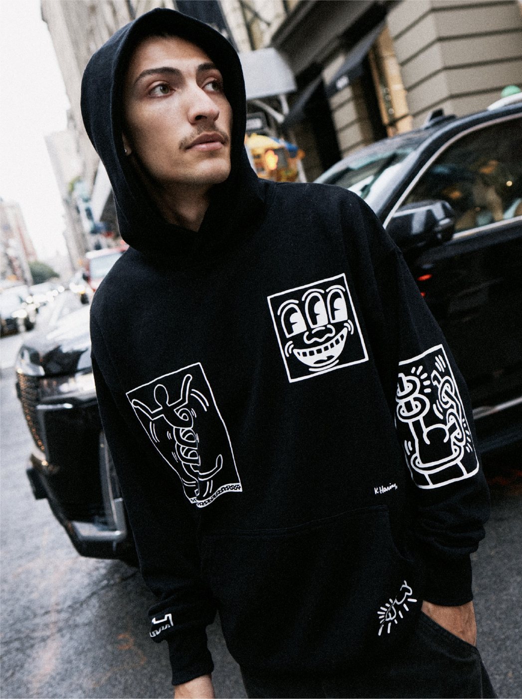 I Love Ugly x Keith Haring: Black hoodie with Keith Haring line drawings