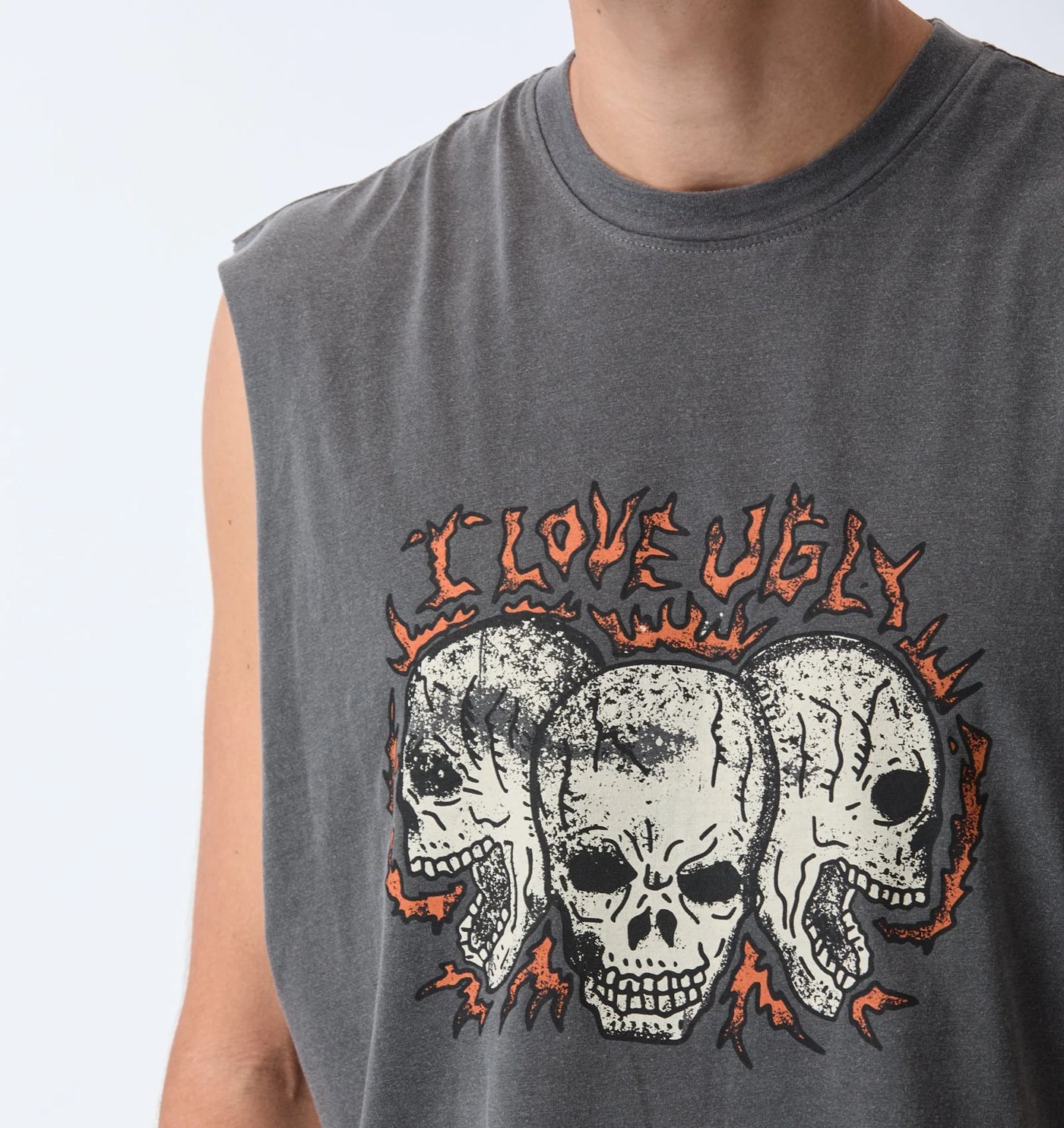 Washed charcoal muscle tank with three-skull and flames I Love Ugly graphic