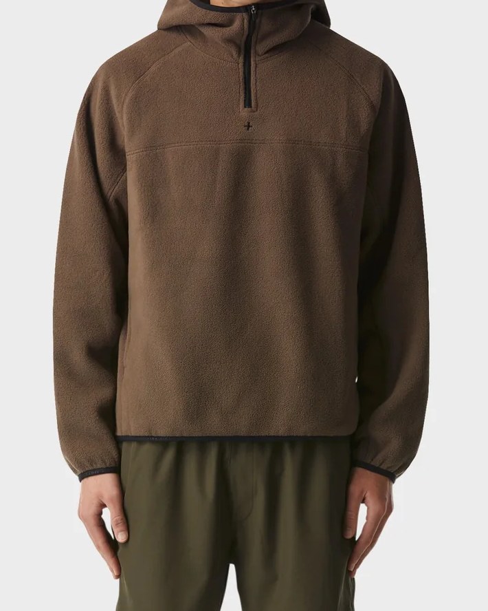 Brown polar fleece hooded quarter zip pullover with black bound edges