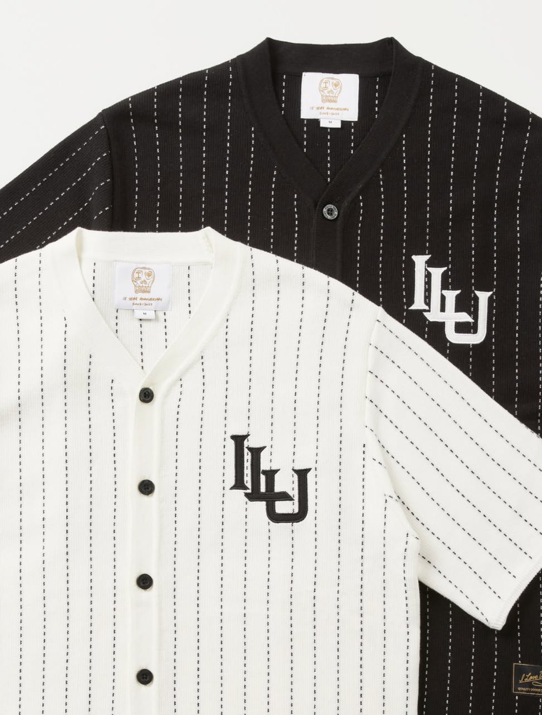 White and black pinstripe knit baseball shirts with ILU embroidery
