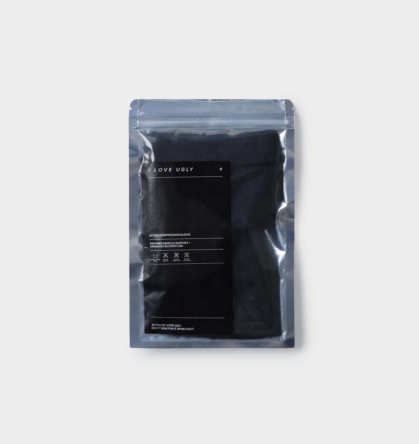 Compression sleeves in a resealable foil pouch with printed black label