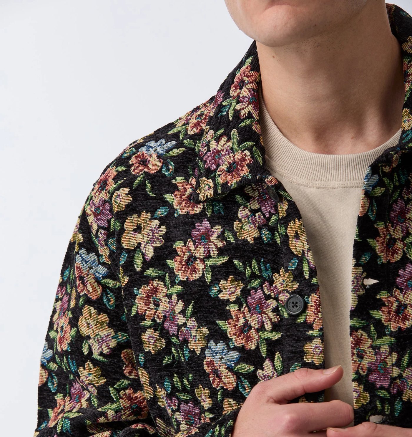 Close-up of the floral jacquard weave, collar and logo button