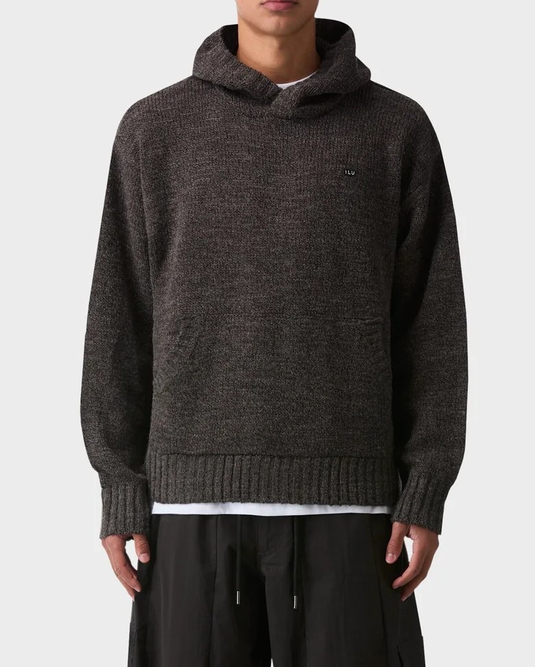 Charcoal marl knitted hoodie with kangaroo pocket and small chest badge
