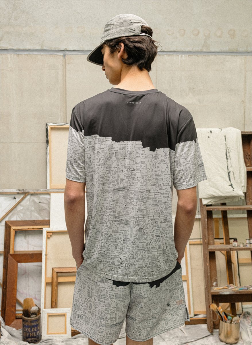 I Love Ugly x Jean-Michel Basquiat: Colour-block performance tee and shorts in an all-over Basquiat print